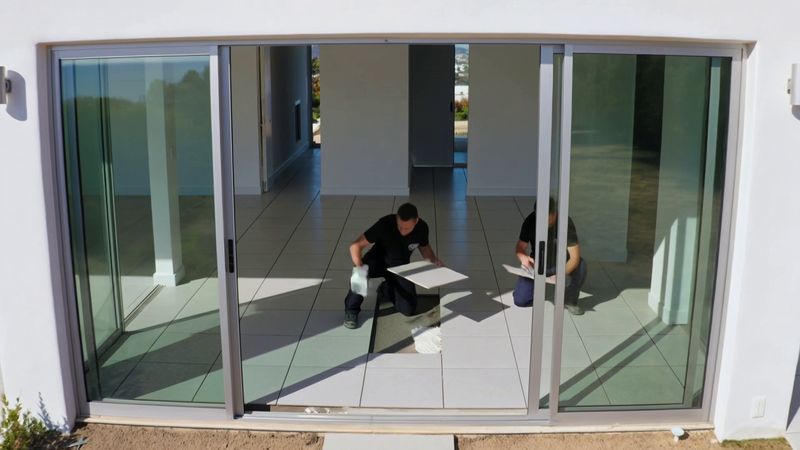 Two tilers laying large-format floor tiles in an open-plan room